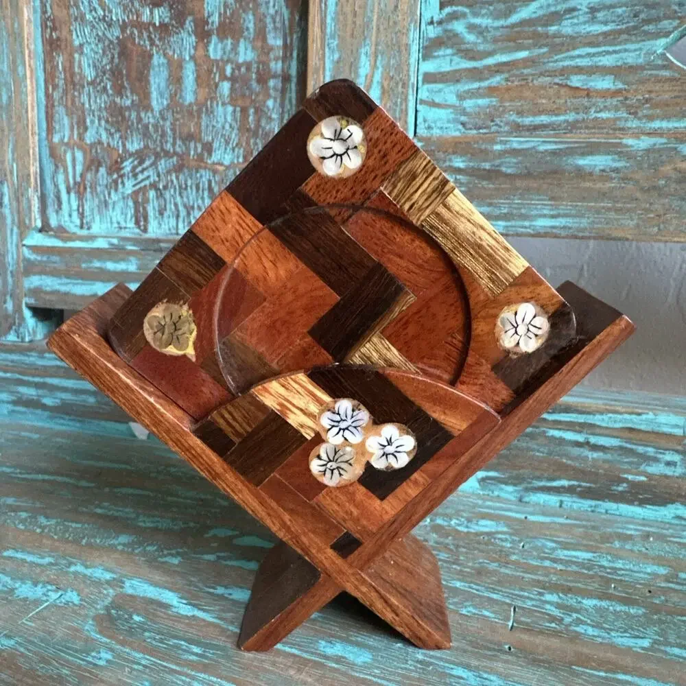 Vintage Lacquered Coasters Wooden Flowers Holder Square Boho Granny Set Cottage